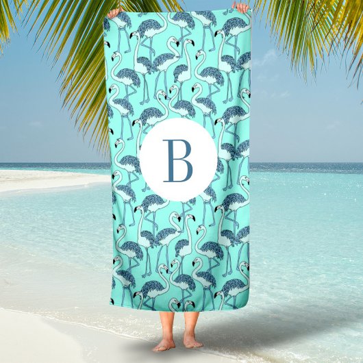 Monogrammed Blue Tropical Flamingos Strandlaken