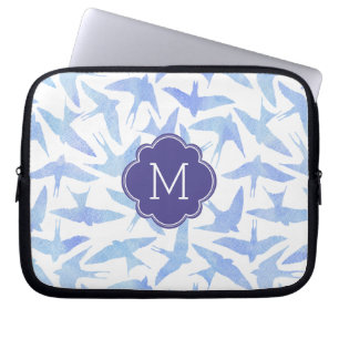 Monogrammed Blue Waterverf Birds Pattern Laptop Sleeve