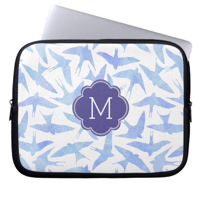 Monogrammed Blue Waterverf Birds Pattern Laptop Sleeve (Voorkant)