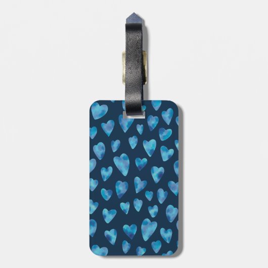 Monogrammed Blue Waterverf Love Heart Pattern Bagagelabel (Achterkant verticaal)