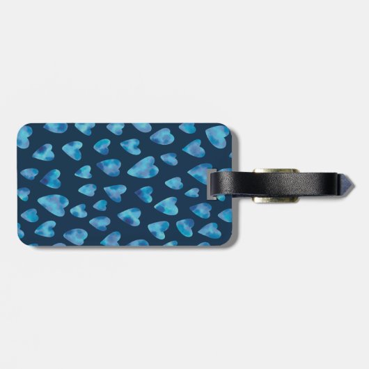 Monogrammed Blue Waterverf Love Heart Pattern Bagagelabel (Achterkant horizontaal)