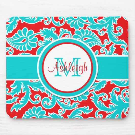 Monogrammed Blue White Damask Mousepad Muismat (Voorkant)