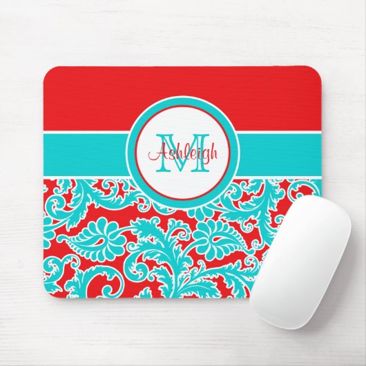 Monogrammed Blue White Damask Mousepad Muismat (Met muis)