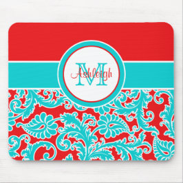 Monogrammed Blue White Damask Mousepad Muismat