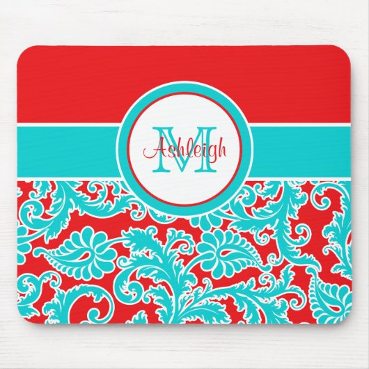 Monogrammed Blue White Damask Mousepad Muismat (Voorkant)