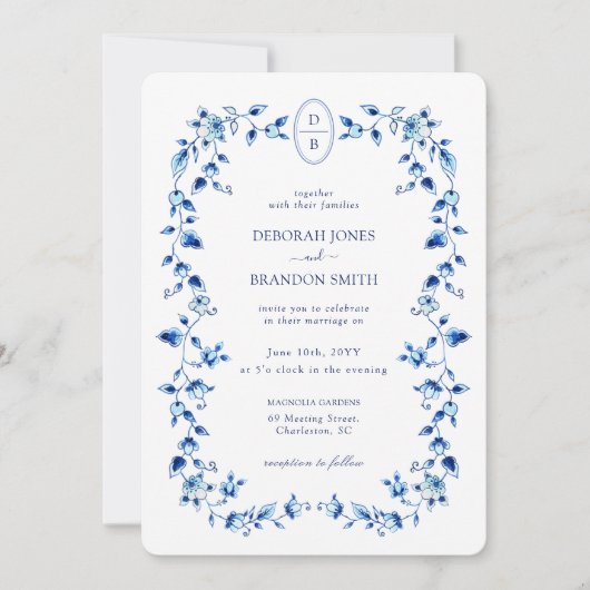 Monogrammed Blue & White Delft bruiloft Kaart (Voorkant)