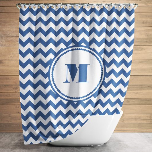 Monogrammed Blue White Striped Chevron Pattern Douchegordijn