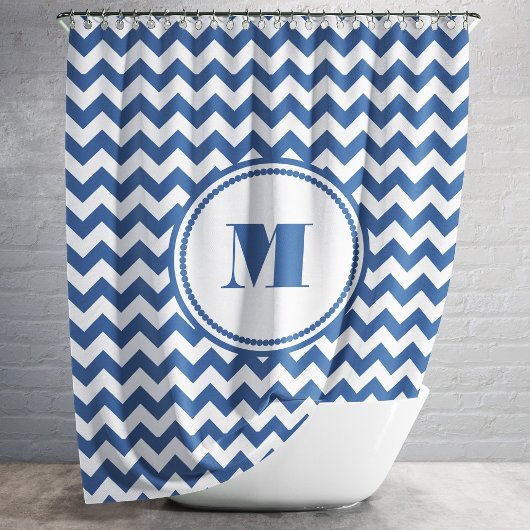 Monogrammed Blue White Striped Chevron Pattern Douchegordijn