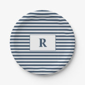 Monogrammed Blue/White Stripes Papieren Bordje (Voorkant)