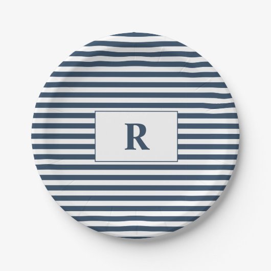 Monogrammed Blue/White Stripes Papieren Bordje (Voorkant)