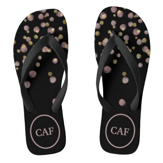 Monogrammed Blush and Gold Overlay op Black Teenslippers (Voetbed)