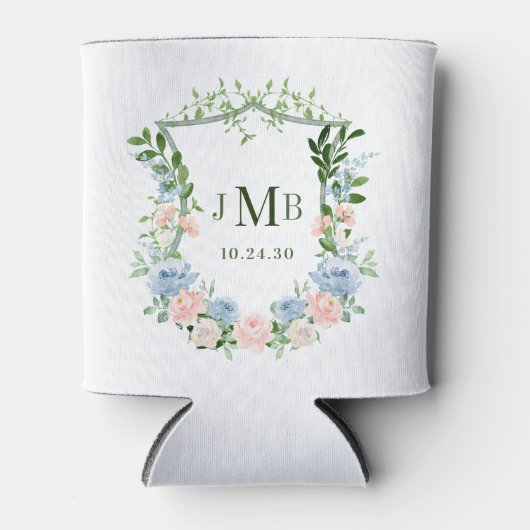 Monogrammed Blush Blue Floral Crest Wedding Blikjeskoeler (Voorkant)