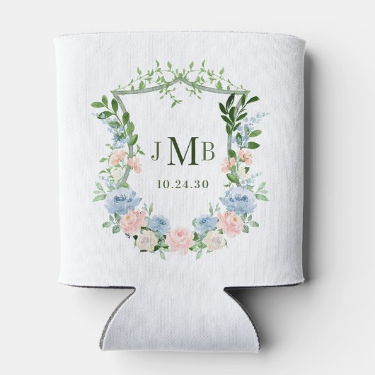 Monogrammed Blush Blue Floral Crest Wedding Blikjeskoeler (Achterkant)