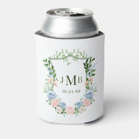 Monogrammed Blush Blue Floral Crest Wedding Blikjeskoeler (Blikje Achterkant)