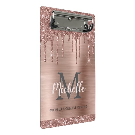 Monogrammed Blush Roos Gold Glitter Dripping Mini Klembord (Schuin)