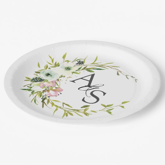 Monogrammed Blush & White floral wreate Papieren Bordje (Gekanteld)