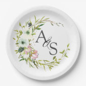 Monogrammed Blush & White floral wreate Papieren Bordje (Voorkant)