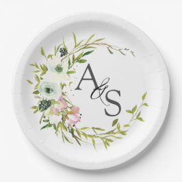 Monogrammed Blush & White floral wreate Papieren Bordje