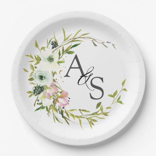Monogrammed Blush & White floral wreate Papieren Bordje (Voorkant)