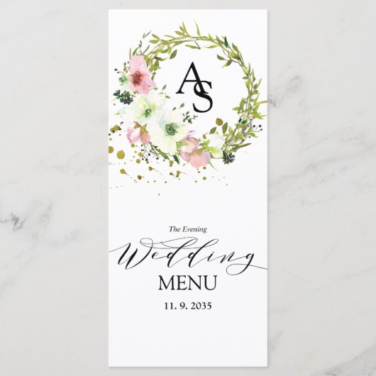 Monogrammed Blush & White roses & gouden spetters Menu (Achterkant)