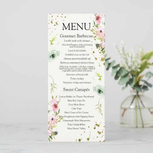Monogrammed Blush & White roses & gouden spetters Menu (Staand voorkant)