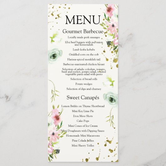 Monogrammed Blush & White roses & gouden spetters Menu (Voorkant)