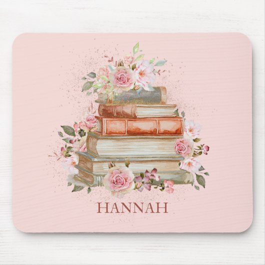 Monogrammed Boeken en Roze Rozen Bookplate Muismat (Voorkant)