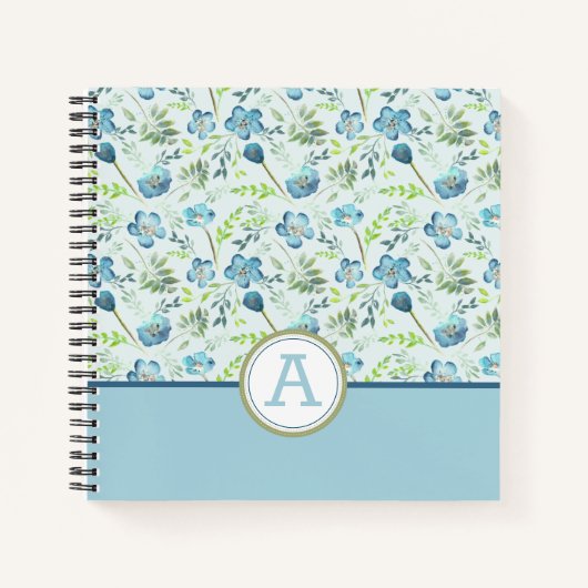 Monogrammed Boho Blue Green Waterverf Flowers Notitieboek (Voorkant)