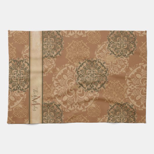 Monogrammed Boho Dark Rust Mandalas Theedoek (Horizontaal)