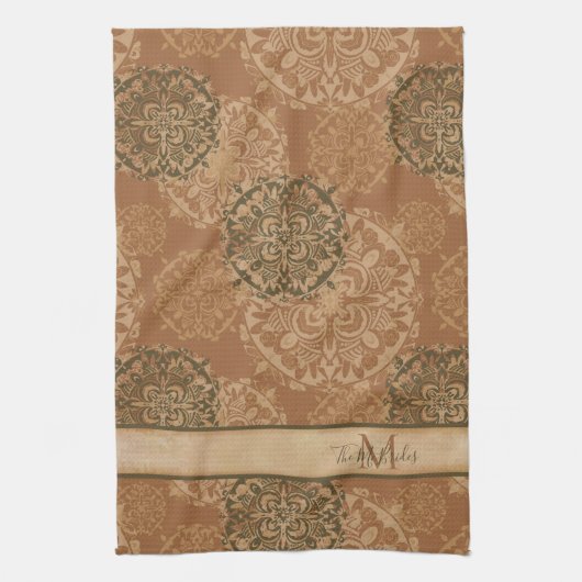 Monogrammed Boho Dark Rust Mandalas Theedoek (Verticaal)