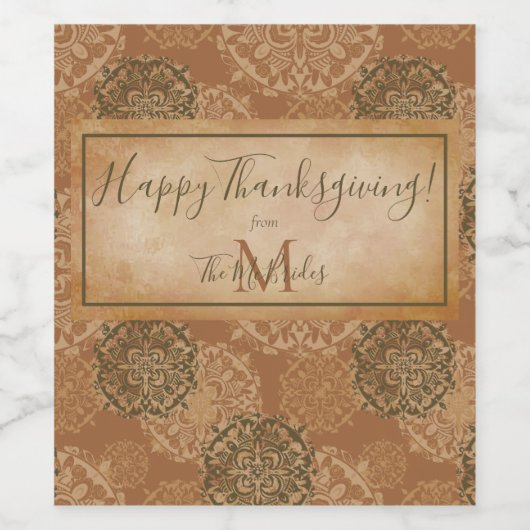 Monogrammed Boho Dark Rust Mandalas Wijn Etiket (Enkel label)