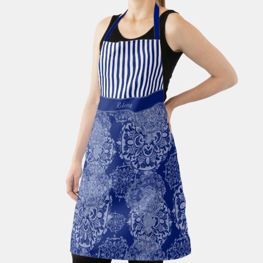 Monogrammed Boho Moody Blues Mandalas en Stripes Schort (Insitu)