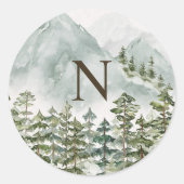 Monogrammed Bos en Berg Natuur Waterverf Ronde Sticker (Voorkant)