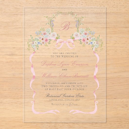Monogrammed Bows and Florals Wedding Acryl Uitnodigingen (Voorkant)
