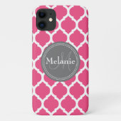 Monogrammed Bright Pink & Grey Quatrefoil Case-Mate iPhone Case (Achterkant)