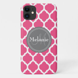 Monogrammed Bright Pink & Grey Quatrefoil Case-Mate iPhone Case