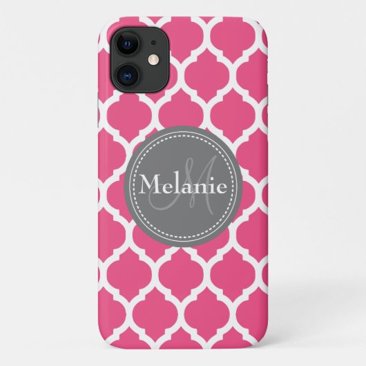 Monogrammed Bright Pink & Grey Quatrefoil Case-Mate iPhone Case (Achterkant)