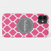 Monogrammed Bright Pink & Grey Quatrefoil Case-Mate iPhone Case (Achterkant (horizontaal))