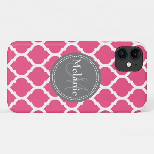 Monogrammed Bright Pink & Grey Quatrefoil Case-Mate iPhone Case (Achterkant (horizontaal))