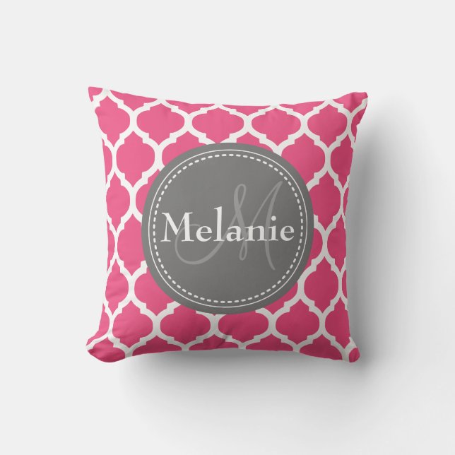 Monogrammed Bright Pink & Grey Quatrefoil Kussen (Voorkant)