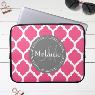Monogrammed Bright Pink & Grey Quatrefoil Laptop Sleeve