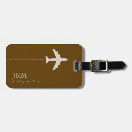 Monogrammed Brown Vliegtuigreiziger Bagagelabel (Voorkant horizontaal)