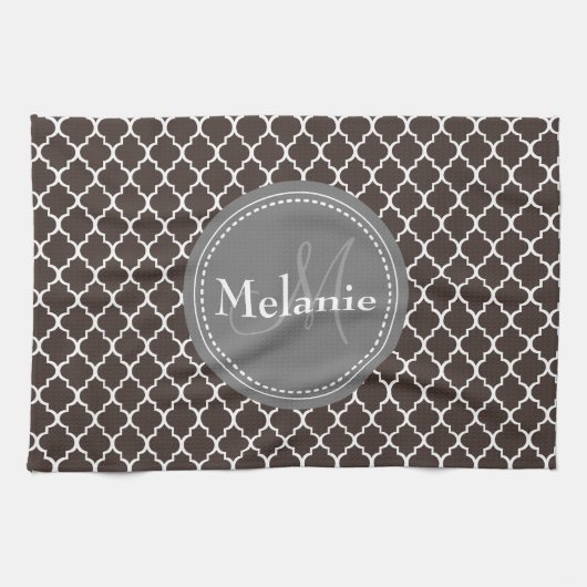 Monogrammed Brown White Moroccan Lattice Pattern Theedoek (Horizontaal)