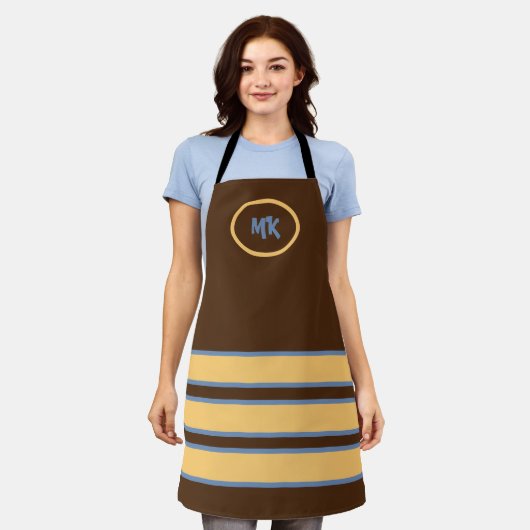 Monogrammed Bruin en geel stripte Apron Schort (Gedragen)