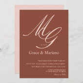 Monogrammed Bruin Roze Muted Wedding Uitnodiging (Voorkant / Achterkant)