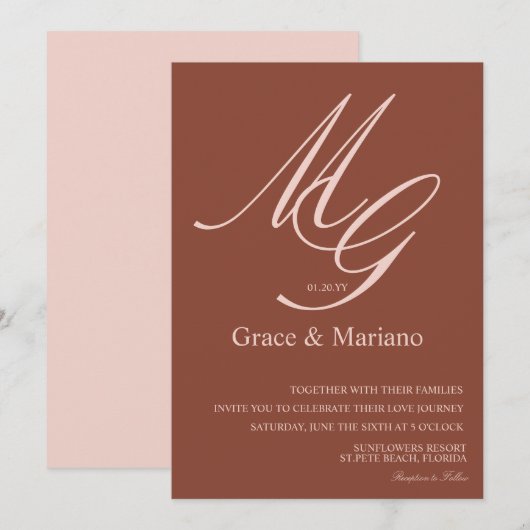Monogrammed Bruin Roze Muted Wedding Uitnodiging (Voorkant / Achterkant)