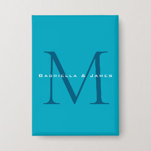 Monogrammed Calligraphy Azure Blue Modern Plain Button