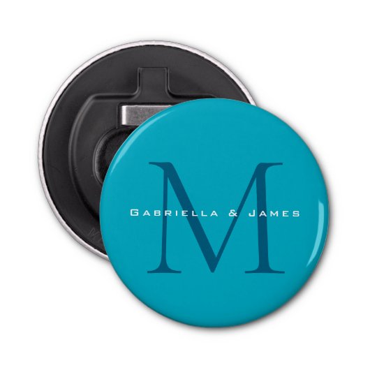 Monogrammed Calligraphy Azure Blue Modern Plain Button Flesopener (Voorkant)