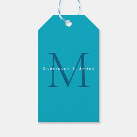 Monogrammed Calligraphy Azure Blue Modern Plain Cadeaulabel (Voorkant)