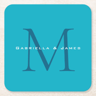 Monogrammed Calligraphy Azure Blue Modern Plain Kartonnen Onderzetters